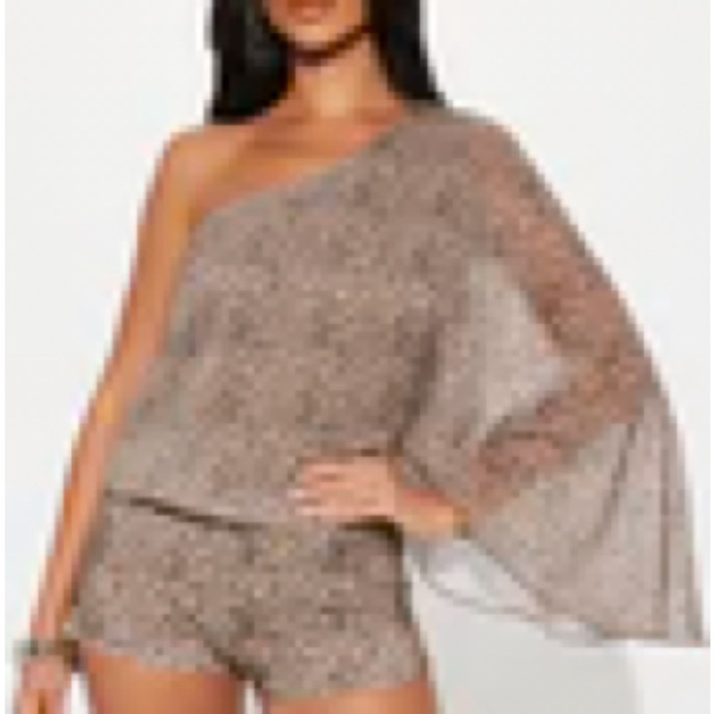 Fashion Nova One-Shoulder Glitter Jumpsuit - Silver